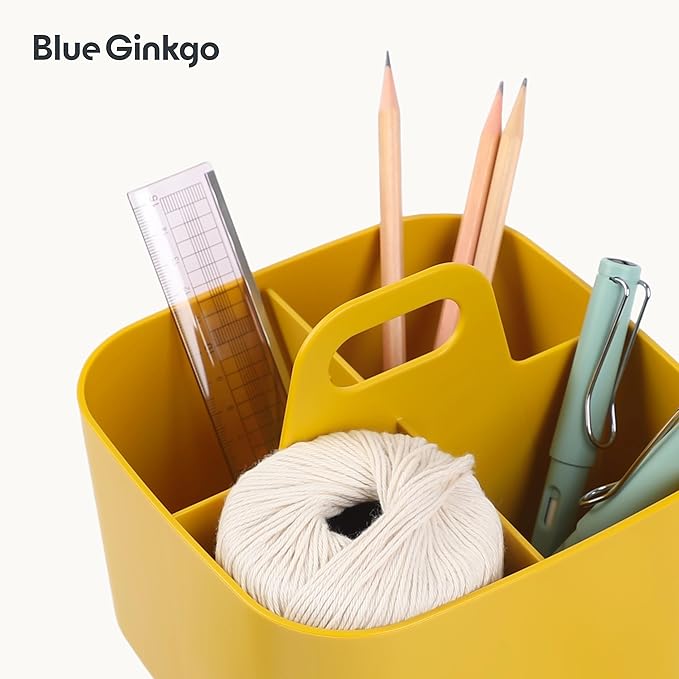 BLUE GINKGO Small Stackable Organizer Caddy – Korean-Made Portable Tote for Bathroom, Office, Crafts, or School Supplies (Square, Yellow)