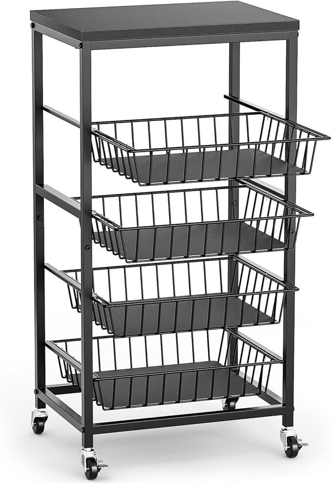 Snack Cart, 5-Tier Kitchen Carts on Wheels with Storage,Fruit Basket Stand with Pull-Out Baskets and Wood Top,Kitchen Organizer for Fruit Vegetable Snack (Black)