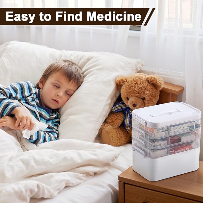 4-Tier Portable Medicine Cabinet Organizer, Large Medicine Storage Box with Handle, Plastic First Aid Box Empty, Multipurpose Medical Supply Organizer, Medication Storage with 3 Removable Tray