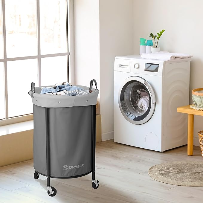Dryser Laundry Basket with Wheels, 65 Gal. Commercial Round Rolling Laundry Hamper with Steel Cart, 4 Casters and 2 Brakes, Removable Liner - Gray