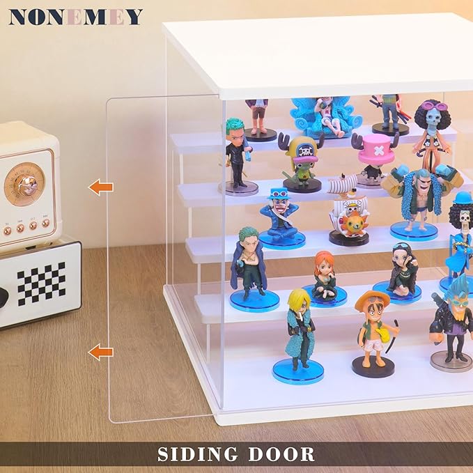 NONEMEY Clear Acrylic Display Case with Light ,3/4/5/6 Tier Multiple Color Lights via Remote Control Dustproof Display Box for Collectibles Figures Mini Toys (4Tier 12.4*9.6*10.4inch)