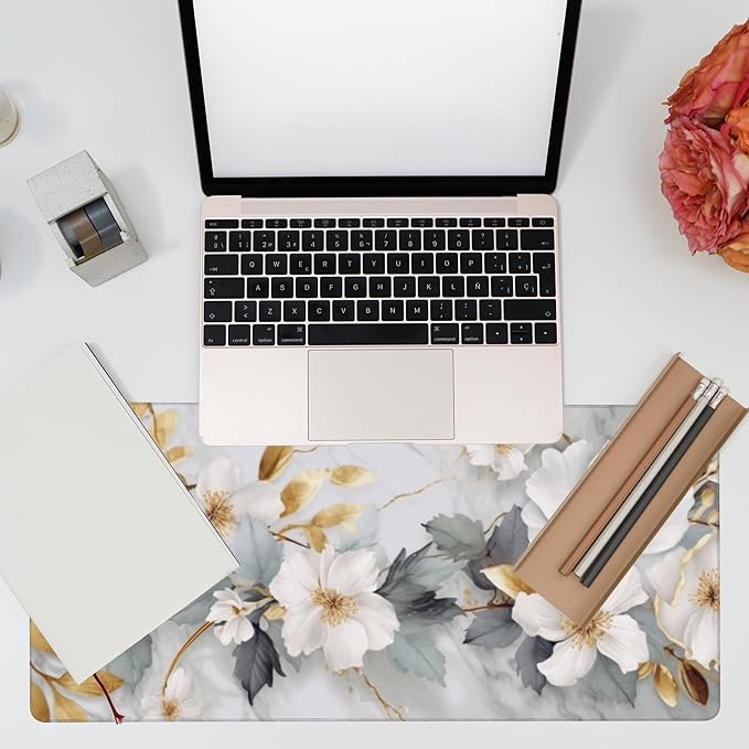 Desk Mat,White Gold Marble Desk Pad,White Flowers Golden Leaves Large Gaming Mouse Pad for Desk,Extended Big Computer Keyboard Mouse Pad with Non-Slip Base and Stitched Edge,35.4"x15.7"