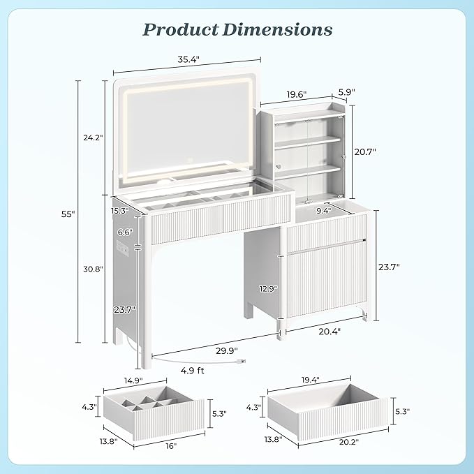 PRAISUN 55'' Large Makeup Vanity Desk with 35.4'' LED Mirror & Power Outlets, Painted Surface White Vanity with Glass Top, 3 Drawers and Cabinet, Fluted Big Vanity Table