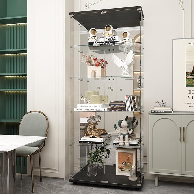 Beauty4U Glass Display Cabinet with Mirror Back Panel, 5 Shelves with 2 Doors, Curio Cabinets for Living Room, Bedroom, Office, Black Floor Standing Glass Bookshelf, Quick Installation