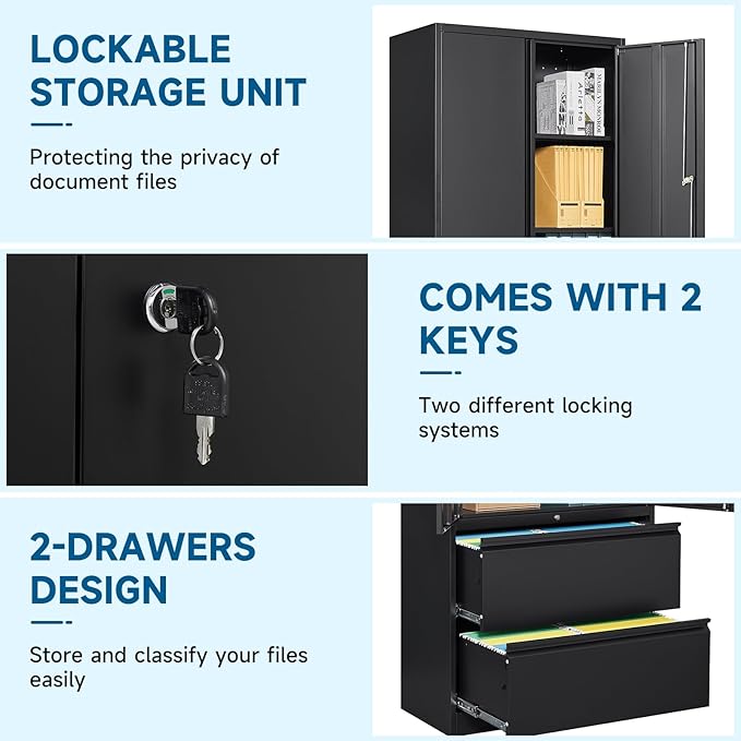 2-Drawer Metal File Cabinet, Lateral Vertical Filing Cabinets for Home Office, Locking File Cabinet with Storage Shelves, Legal/Letter/A4 Size Office File Cabinets (Black, Assemble Required)