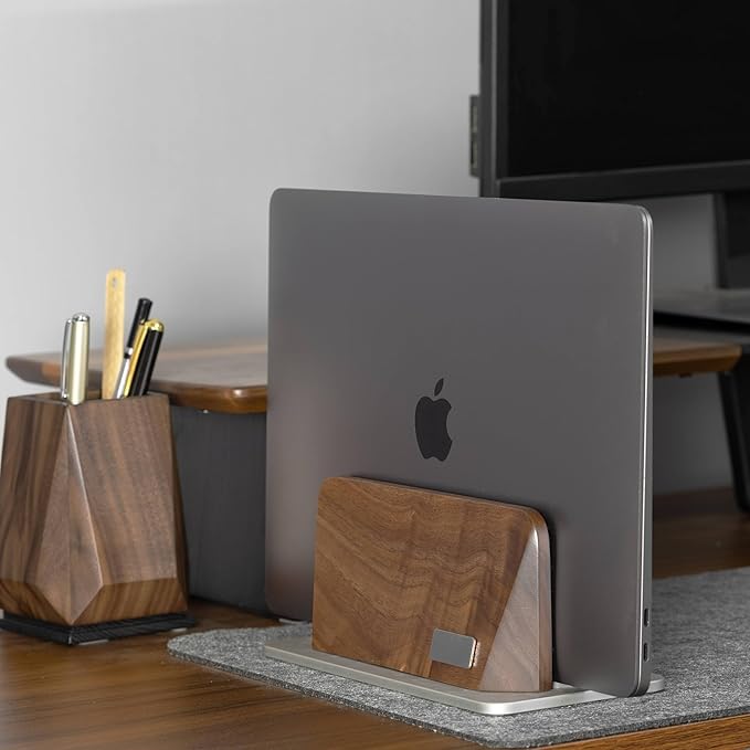 Vertical Laptop Stand, Black Walnut Wood Laptop Holder Vertical for Desk - Heavy Silver Aluminum Base | Adjustable Dock (8-38mm) Fits Most Laptops, MacBooks (Silver Base)