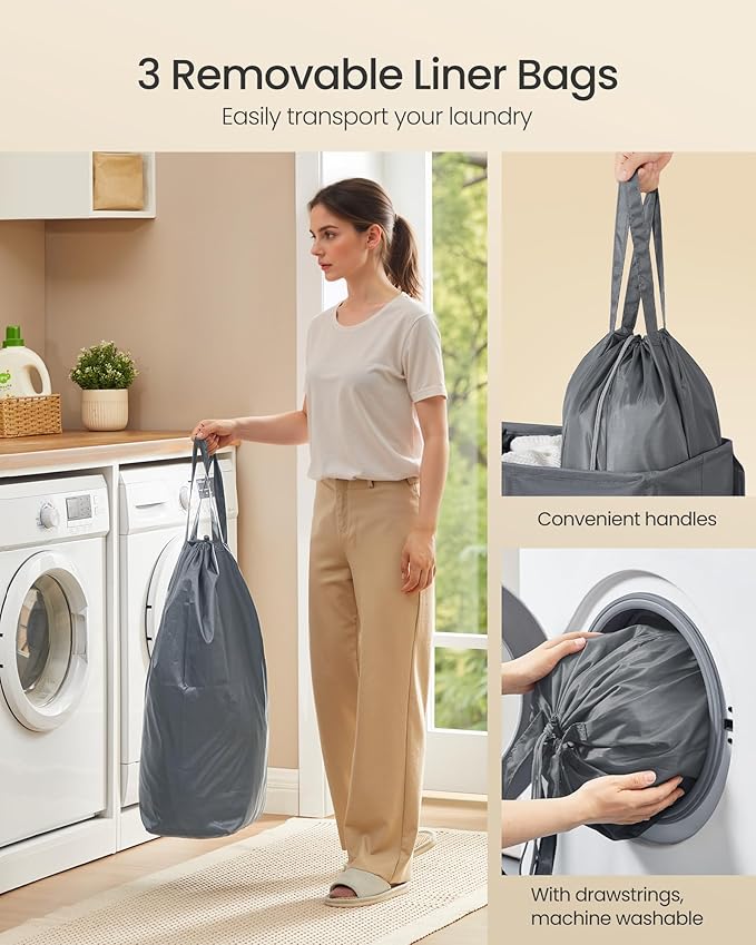 SONGMICS 47.6 Gallon (180 L) Laundry Hamper, 3-Compartment Laundry Basket Sorter with Lid, Labels, Removable Liner Bags, for Bedroom, Dark Gray URLH013G01