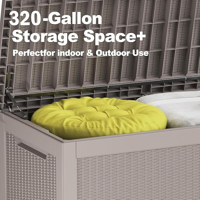 320 Gallon Deck Box, Resin Outdoor Indoor Waterproof Storage Box, Lockable Storage Box With Handle for Patio Furniture - Garden Tools - Swimming Pool Tools UV-Resistant (Grey 320 Gallon)