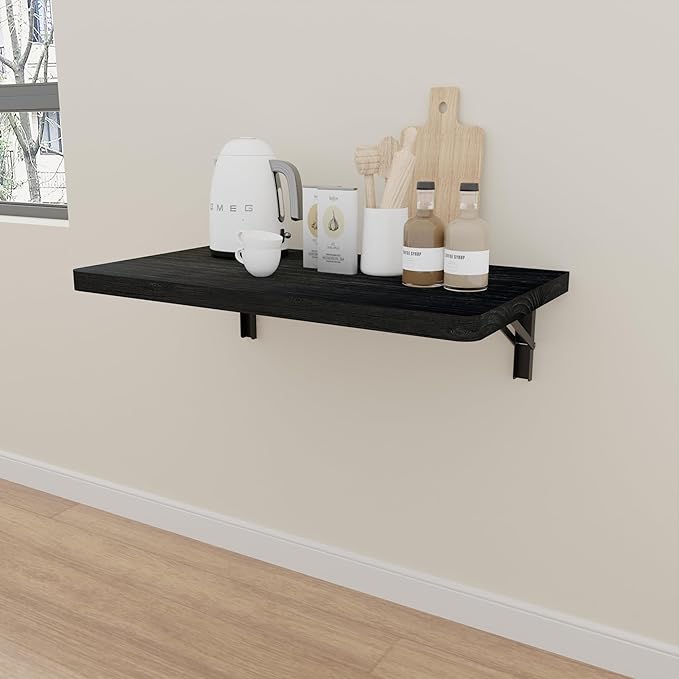 IAE Wall Mounted Folding Table with Pine Wood,24" x 14" Floating Wall Desk,Laundry Folding Table with Shelf Brackets,Fold Down Desk Shelf,Folding Workbench for Home,Dining,Laundry Room,Kitchen,Black