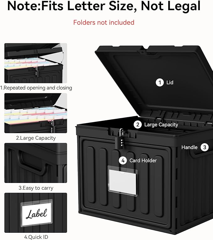 Oterri Plastic File Box with Lid for Letter Size File Folders, Hanging File Folder Box, File Organizer for File Cabinet, Home, Office,School(Black, Large1 Pack Without Folders)