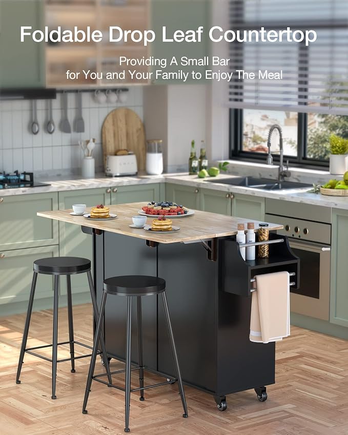 Kitchen Island with Storage, Kitchen Cart on 5 Universal Wheels, Mobile Kitchen Island with Rubber Wood Top and Side Rack (Black)