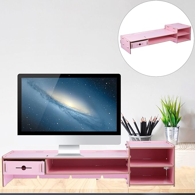 Pink Computer Monitor Stand Riser with Drawer Desktop Organizer Storage Box Office Desk Storage for Home School Space-saving Monitor Riser Stand