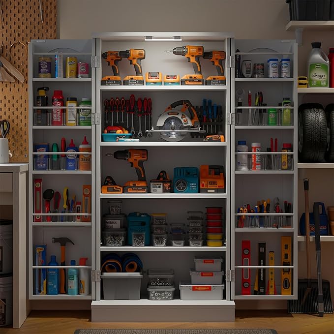 50" Garage Storage Cabinet with LED Lights – Adjustable Shelves Garage Organizer, Multi-Purpose Garage Cabinet for Home Office,Kitchen