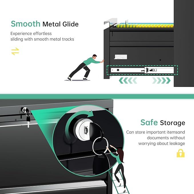 Bonusall 3 Drawer Lateral File Cabinet with Lock, Locking Metal lateral Filing Cabinet for Office Steel lateral File Cabinet, Large Horizontal File Cabinet Locked by Keys-Black