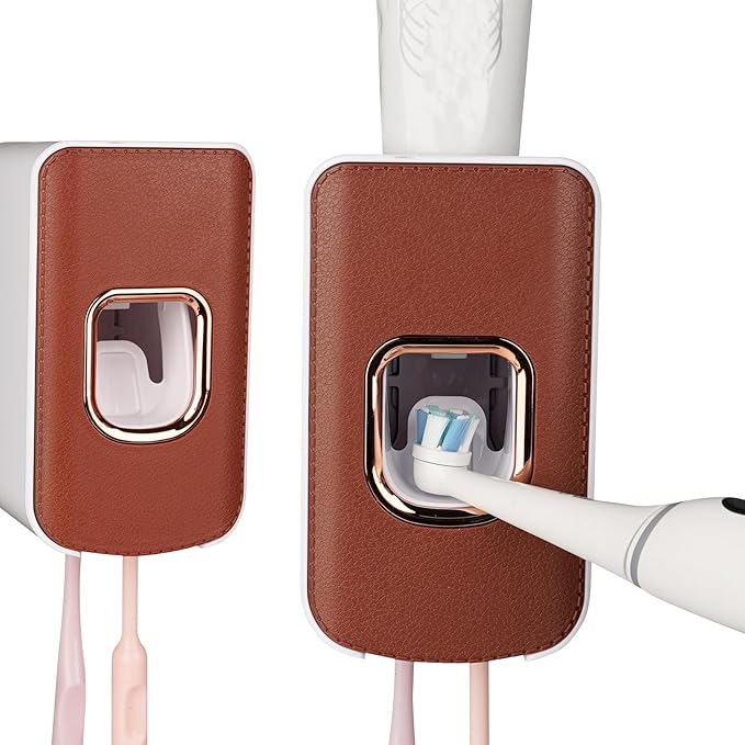 2 Slot Toothbrush Holder and Toothpaste Dispenser Wall Mounted, Automatic Toothpaste Squeezer, 2 in 1 Tooth Brush Toothpaste Organizer for Shower (Brown 2Pack)