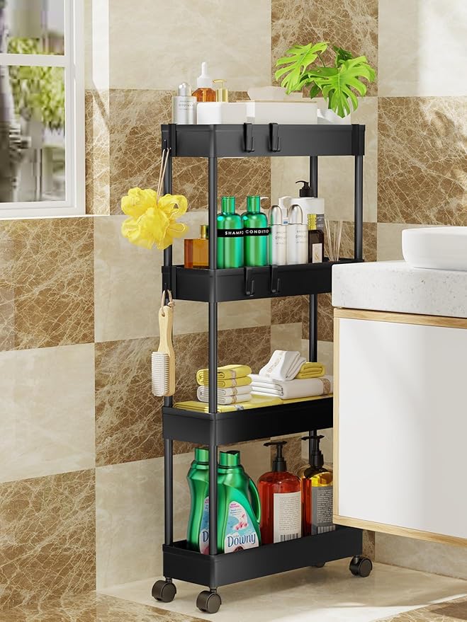LEHOM 5.1" Slim Storage Cart - 4 Tiers Bathroom Organizer Mobile Shelving Unit Storage Rolling Utility Cart Slide Out Organizer for Kitchen Bathroom Laundry Narrow Places