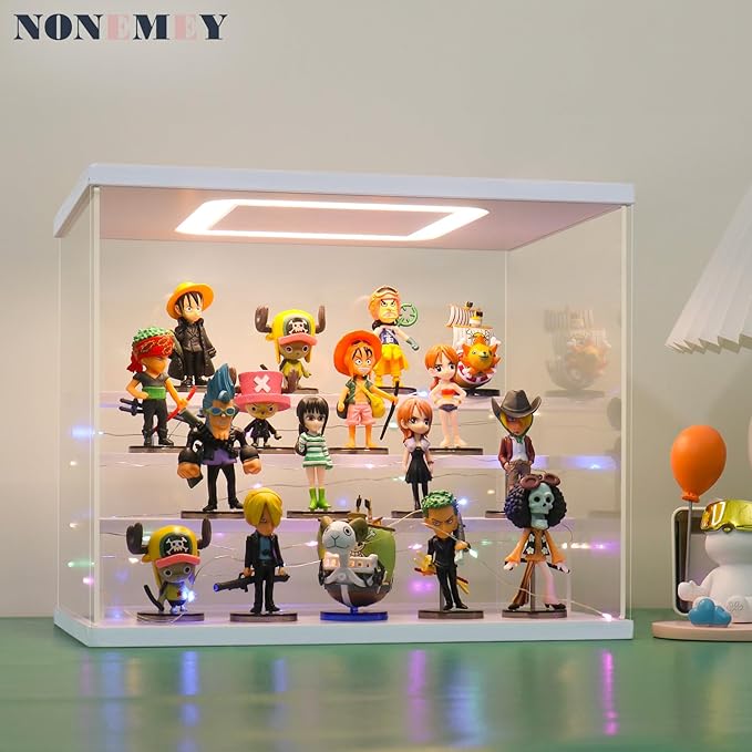 NONEMEY Clear Acrylic Display Case Stand with LED Light 2/3/4/5/6 Tier Storage Box Showcase Dustproof Organizer Box for Collectibles (White 6 Tiers 15.7 * 12.5 * 16.5inch)