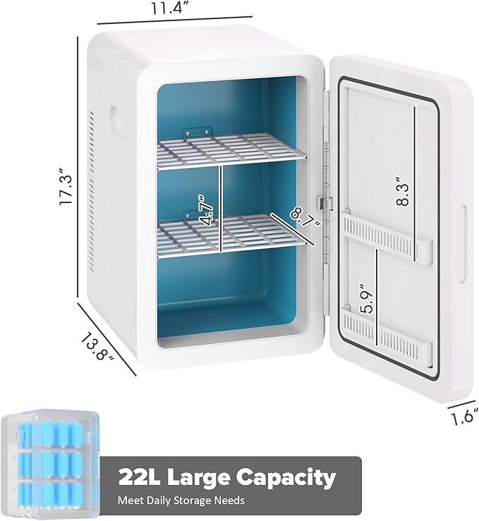 22L/30Cans Mini Fridge for Bedroom, 12v DC Portable Cooler & Warmer, Mini Refrigerator with Glass Front, for Car Office Desk & Dorm Food Beverage Skincare Makeup (Cooling White)