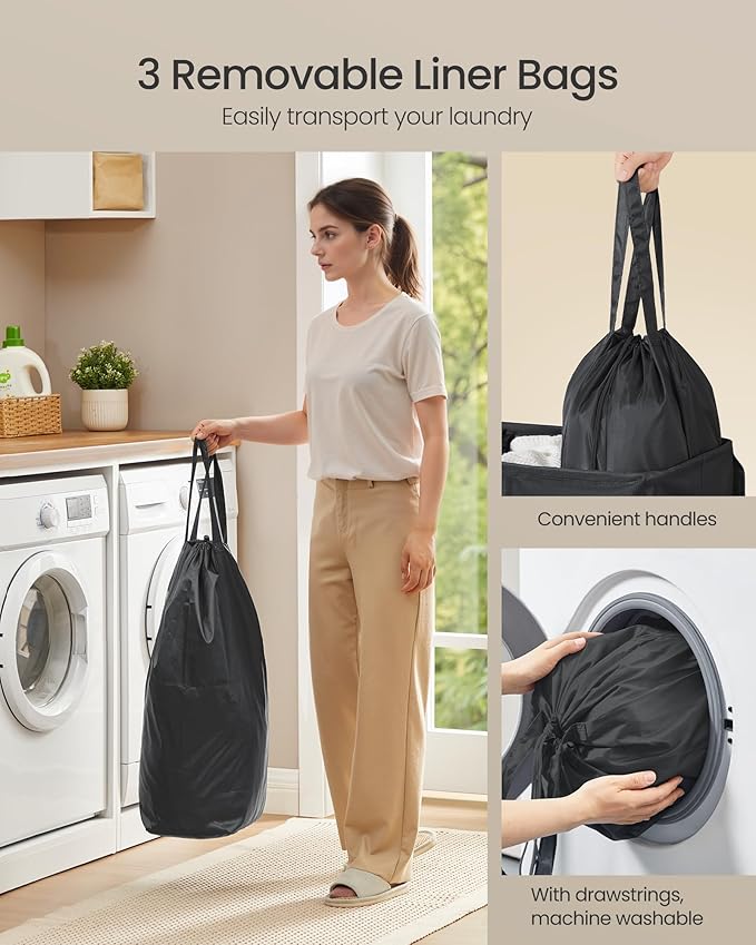 SONGMICS 47.6 Gallon (180 L) Laundry Hamper, 3-Compartment Laundry Basket Sorter with Lid, Labels, Removable Liner Bags, for Bedroom, Ink Black URLH013B01