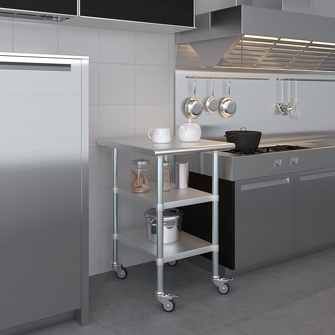AmGood Stainless Steel Work Table with 2 Shelves and Casters (Stainless Steel Work Table with 2 Shelves + Casters, 24" Long x 30" Deep)