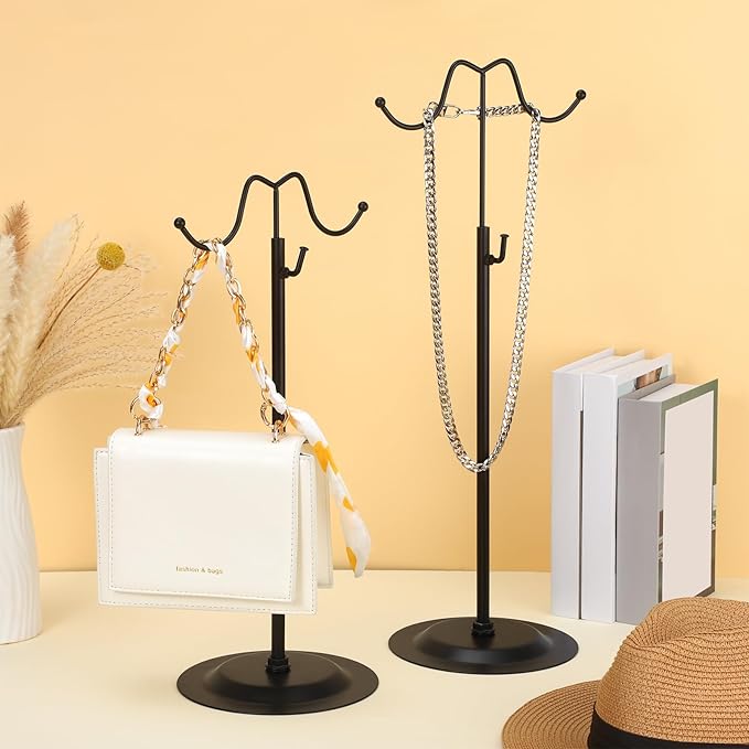 Weysat 10 Pcs Purse Holder Adjustable Handbag Display Stand Double Hook Metal Bag Hanger Jewelry Display Rack for Handbags Wig Hat Closet Boutique Tabletop Store Retail Use (Black)