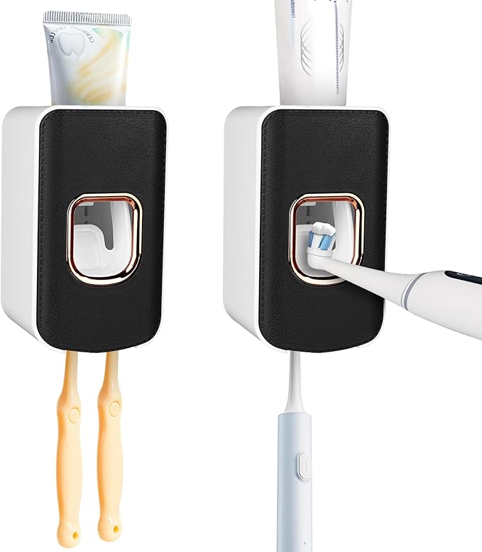 2 Slot Toothbrush Holder and Toothpaste Dispenser Wall Mounted, Automatic Toothpaste Squeezer, 2 in 1 Tooth Brush Toothpaste Organizer for Shower (Black 2Pack)