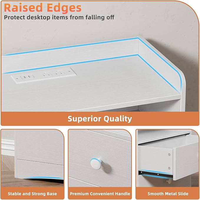 Nightstand with Charging Station and LED Light,Modern Nightstand with USB Ports and Outlets,Wood Bedside Tables with 2 Storage Drawers,Small Dresser for Bedroom Small Space,White