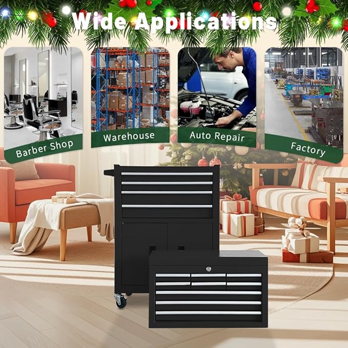 13-Drawer Rolling Tool Chest with Double Doors, 2 in 1 Detachable Rolling Tool Chest with Drawers, Mobile Tool Cabinet Combo, Metal Large Lockable Tool Box for Garage Workshop (Black)