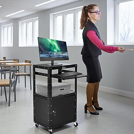 YITAHOME Rolling AV Cart with Wheels & Locking Cabinet, Keyboard Tray & 16.4ft Extra-Long Power Cord, Mobile Presentation Media Cart for Computer Laptop Printer Projector, Black
