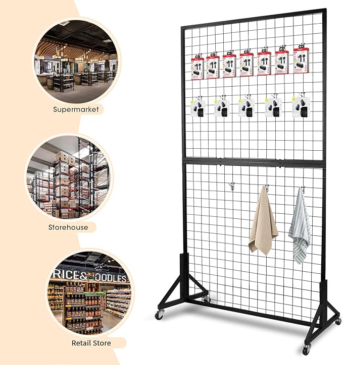 1 Pack 3'x 6' Two-Double Gridwall Panel Display Racks with Sturdy T-Base, Black Grid Wall Panels Display Stand, Display Rack Craft Show, Art Display Stand