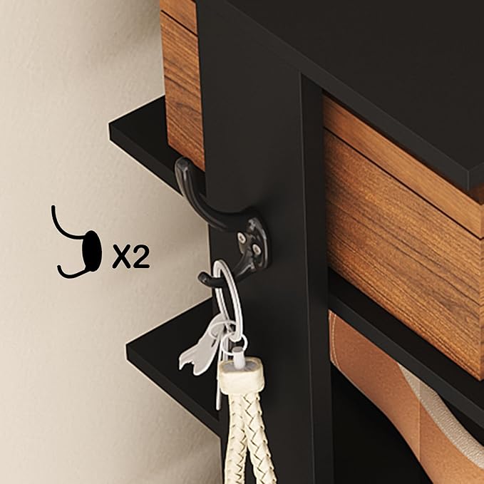 HOMEFORT 10-Tier Vertical Shoe Rack, Corner Shoe Tower, Slim Shoe Organizer with Two Hanging Hooks, Wooden Shoe Storage Stand for Entryway, Hallway, Closet (Black)