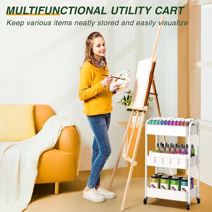 LEHOM 3 Tier Rolling Utility Cart, Metal Trolley Cart with Wheels, Hooks, Easy Assembly Organizer Storage Cart for Bathroom, Kitchen, Office, Bedroom(White)