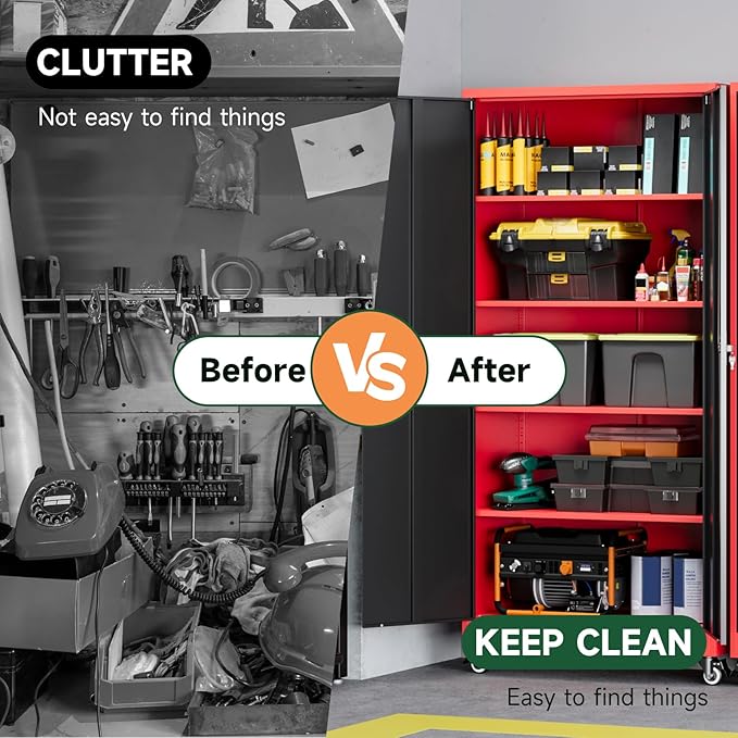 Letaya Metal Garage Storage Cabinets with Lock Door and Adjustable Shelves, Steel Tool Cabinets for Home,Office,Warehouse Organisieren (Black Red, 75" H)