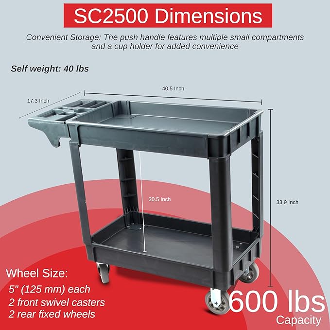 Heavy Duty Rolling Utility Service PP Cart with Wheels for Warehouse/Garage/Restaurants/Offices, 2-Tier HDPE Shelves, 600 lbs Capacity, 5" Caster Wheels (SC2500)