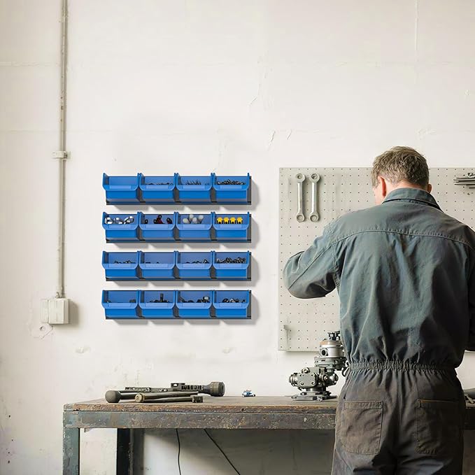 Ultrawall Wall Mounted Storage Bins, Plastic Hanging Storage Organizer Bins, Garage Tool Storage System for Screws, Nuts, Bolts, Nails, and Small Hardware Parts, 16x bins & 4 x rails, Blue