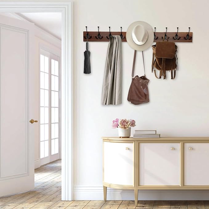 IBosins 34'' Coat Rack Wall Mount with 10 Decorative Tri-Hooks, Heavy Duty Wood Coat Hanger, Rustic Coat Hooks Rail for Entryway Living Room Coat Scarf Bag Towel Hat