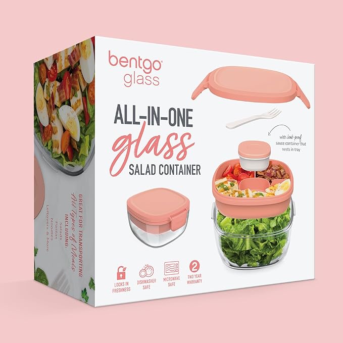 Bentgo Glass All-in-One Salad Container - Large 61-oz Salad Bowl with Lid, 4-Compartment Bento-Style Tray, 3-oz Sauce Container, and Reusable Fork - Dishwasher, Microwave, and Oven Safe (Coral)