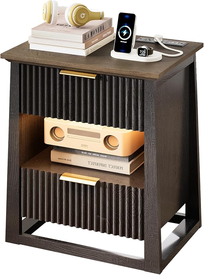 HIFYOBRO Fluted Nightstands with Charging Station & Motion Sensor Light, Modern Bedside Tables with 2 Drawers and Storage Shelf for Bedroom, Black