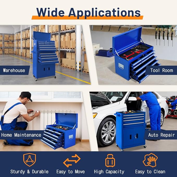 13-Drawer Double Door Rolling Tool Chest, 2 in 1 Detachable Tool Chest,Tool Box with Drawers and Wheels, Large Tool Cabinet with Lock, Metal Standing Toolbox for Garage Workshop-Blue
