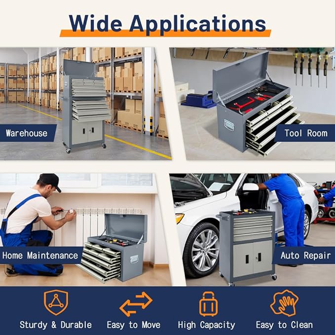 13-Drawer Double Door Rolling Tool Chest, 2 in 1 Detachable Tool Chest,Tool Box with Drawers and Wheels, Large Tool Cabinet with Lock, Metal Standing Toolbox for Garage Workshop-Gray&White