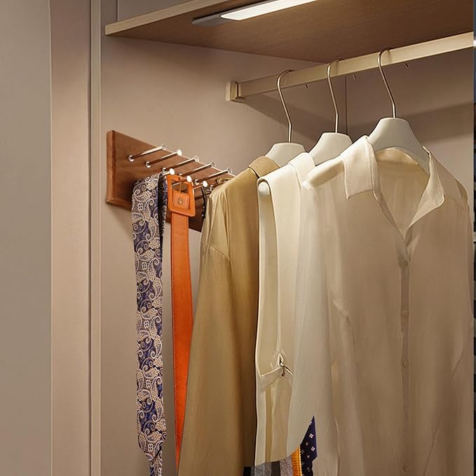 TreeHouse London Tie Rack Organizer – Holds 40 Large Ties – Solid Wood & Sturdy Metal Storage Holder for Closet – Wall Mounted Tie Display Hanger for Wall, Bedroom - (Walnut Tie Rack) 16" L X 4.25" H