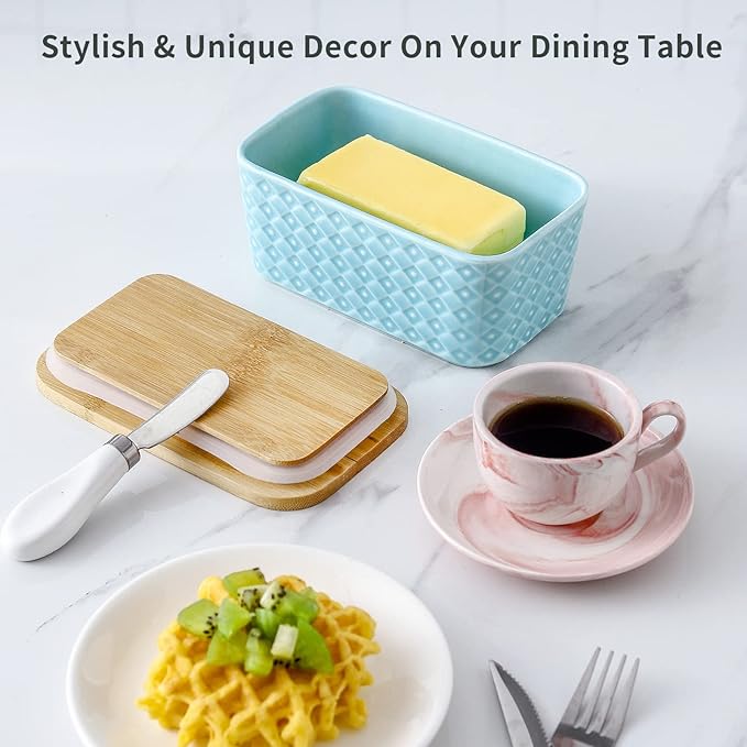 Hasense Farmhouse Butter Dish with Lid for Countertop, Butter Keeper & Holder, Butter Container for Fridge with Wooden Freshness Seal, Enhance Kitchen Decor, Holds Two Sticks of Butter, Turquoise