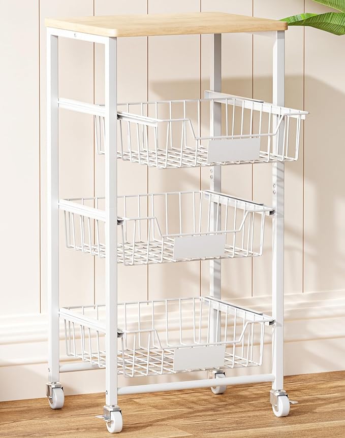 4-Tier Small Kitchen Storage Cart on Wheels with Pull-Out Drawers, Rolling Pantry and Snack Organizer Cart with Wood Top, Kitchen Floor Fruit Basket Stand for Fruit Potato Onion Veggie Snack