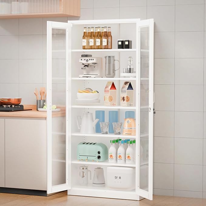 VINGLI Lockable Display Cabinet with Glass Doors & 5 Adjustable Shelves, 71" Tall White Metal Storage Cabinet Curio Liquor, Bookshelf Bookcase for Home Office Living Room Pantry Garage