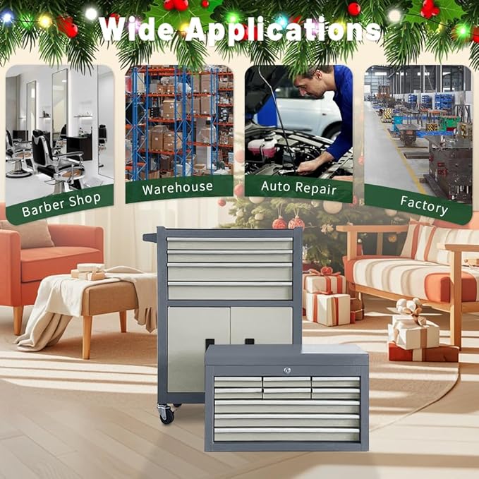 13-Drawer Rolling Tool Chest with Double Doors, 2 in 1 Detachable Rolling Tool Chest with Drawers, Mobile Tool Cabinet Combo, Metal Large Lockable Tool Box for Garage Workshop (Gray)