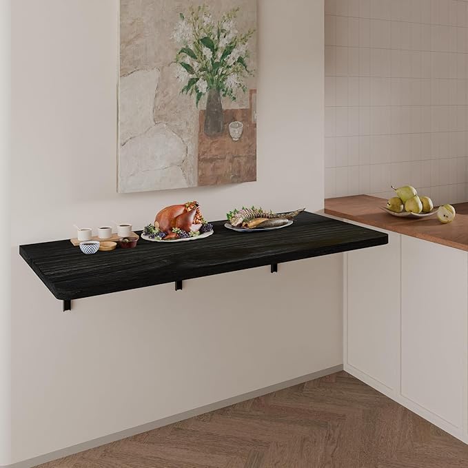 IAE Floating Wall Mounted Folding Table Desk with Pine Wood,48" x 22" Folding Workbench,Fold Down Wall Mounted Foldable Desk with Shelf Brackets,Laundry Table for Home,Dining,Office,Kitchen,Black