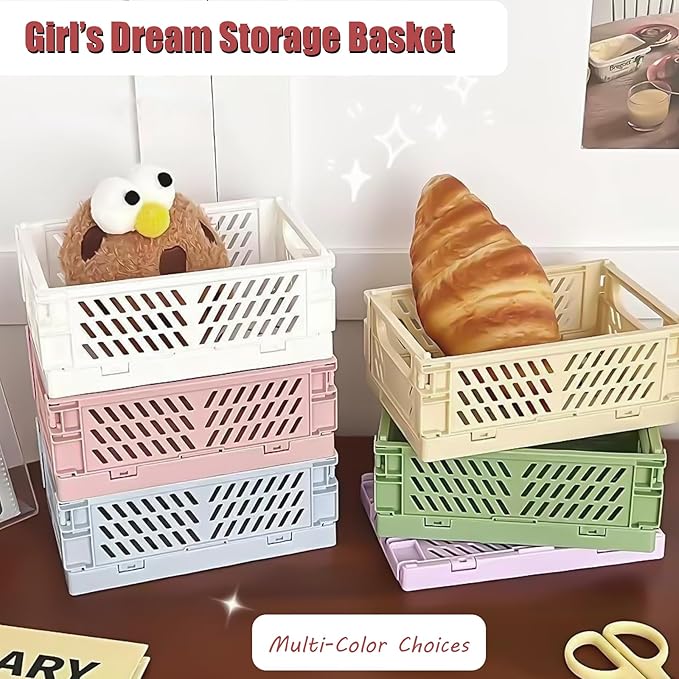Small Pastel Plastic Storage Bins 2Pcs Foldable Pastel Crates Plastic Basket Colorful Storage Containers Baskets for Classroom Kitchen Office Bedroom Desktop Home Decor (Pink 5.8" x 3.8" x 2.2")
