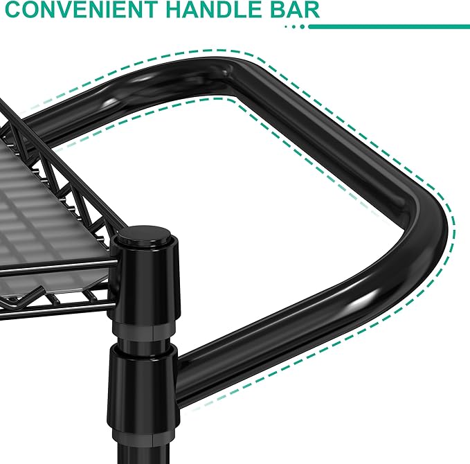 Heavy Duty Rolling Cart with Wheels, 3 Tier Commercial Grade Utility Cart, Metal Kitchen Storage Trolley with Handle Bar & Shelf Liner for Food Service Tool, Black