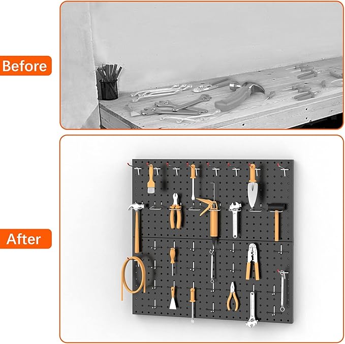 TORACK Metal Pegboard Wall Organizer 24" x 24" or 12" x 48", 70 PCS Tools Storage Pegboard for Garage Tool Organizer Peg Board with Pegboard Hooks for Workbench(Black)