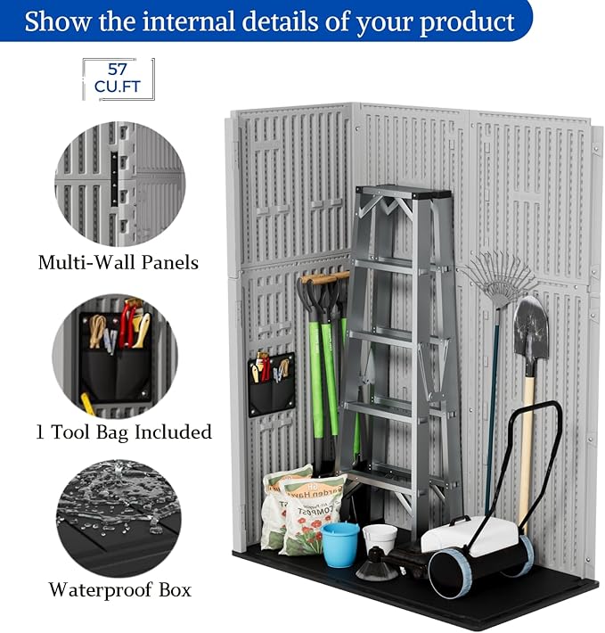 ZZM 57 Cu.ft Outdoor Storage Cabinet with One Tool Kit, Horizontal Storage Shed for Garage, Bike, Garbage Cans, Garden Accessories
